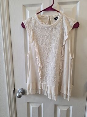 a.n.a Cream Ruffle-Trim Embroidered Sleeveless Top